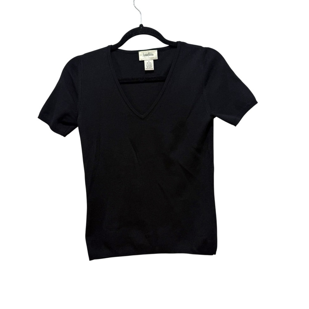 Neiman Marcus Exclusive Silk Blend V-Neck Knit Top Black Luxury Basic Small